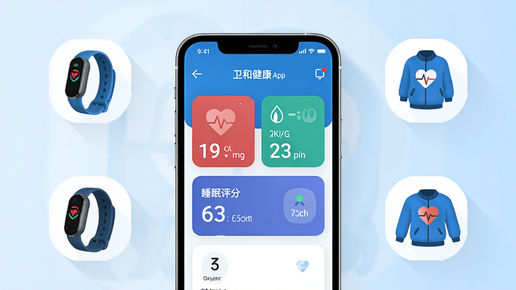 ����������һ�������ֻ�����Ļ������չʾ�����ͽ���app�������棬�����а������ʡ�Ѫ����˯�����ֵ����ݿ�Ƭ���ֻ���Χ�����������ֻ������ܻ����µ��豸ͼ�꣬���岼�ּ�����죬������������ҽ�ƽ�����񣬱���Ϊ��͵Ľ���ǳ��ɫ������ɾ����࣬���廭�ʣ��޶���Ԫ��