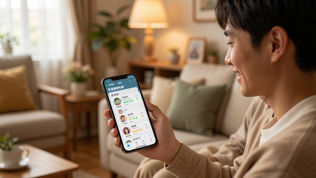 ������չʾ���ͽ���app�ļ�ͥ��������ҳ�棬�ֻ���Ļ����ʾ�Ŷ�λ��ͥ��Ա��ͷ��͸��ԵĽ������֣�һλ�������������ֻ������Ե�����չʾ��Ļ���ݣ���������ܰ�ļ�ͥ����������ɫ����ů��ͣ����������Ȼ�������������޶���Ԫ��