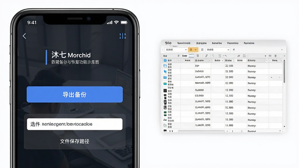 沐七 Morchid 数据备份与恢复功能示意图,手机界面显示导出备份按钮和文件保存路径选择框,旁边有数据表格缩略图,风格商务简洁,画质干净,无多余元素