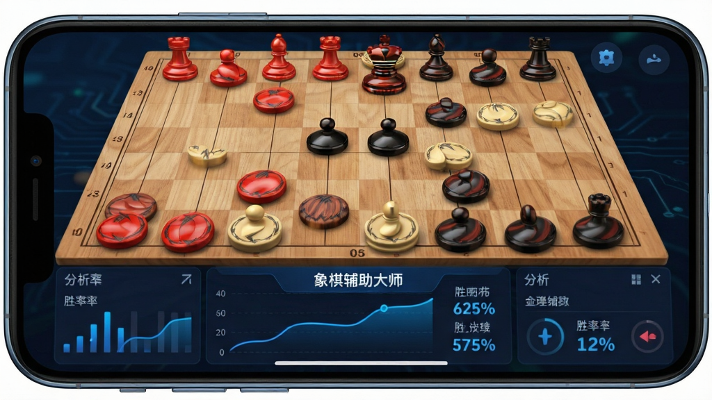 主体为一部智能手机横屏展示象棋棋盘界面,布局采用居中构图,上方为对局区下方为分析面板,排版整洁对称,风格为现代科技感UI设计,细节包括木质棋盘纹理、红黑棋子立体高光、蓝色分析曲线与胜率百分比数字,画面中带有文字“象棋辅助大师”,画质为高清渲染、干净无多余元素