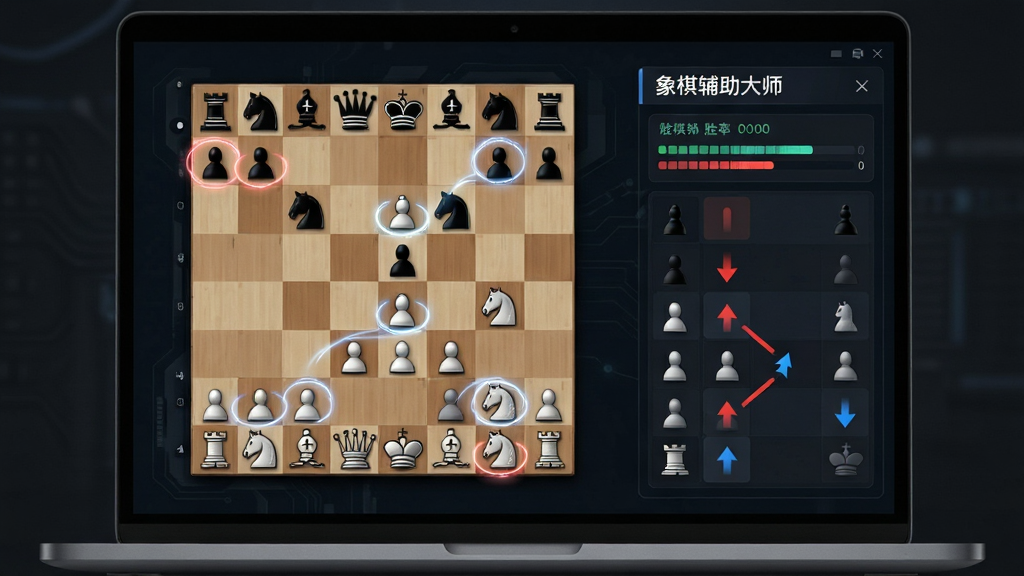 主体为一台运行中的笔记本电脑屏幕特写,布局为屏幕中央显示象棋棋盘与右侧分析数据面板,排版采用左右分栏,风格为暗色科技风,细节包括跳动的胜率进度条、红蓝箭头标注的推荐走法、棋子周围的光晕特效,画面中带有文字“象棋辅助大师”,画质为4K精细渲染、干净无多余元素