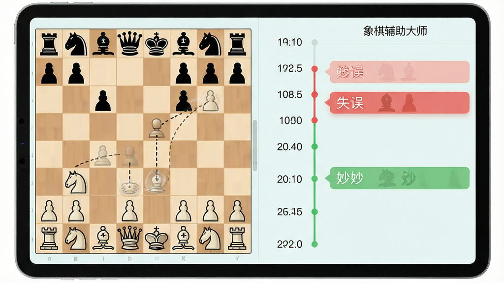 主体为平板电脑显示象棋复盘界面,布局为左侧棋盘右侧走子记录列表,排版采用垂直时间轴,风格为清新浅色教育风,细节包括红色标记的失误手、绿色标记的妙手、棋子移动轨迹虚线,画面中带有文字“象棋辅助大师”,画质为高清细腻、干净无多余元素