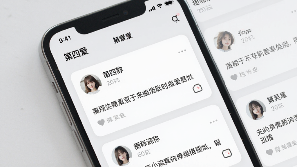 һ��չʾ�ֻ�Ӧ�ý����ͼƬ��������ʾ�����İ���App�Ķ�̬��Ϣ������Ƭʽ���֣�ÿ�ſ�Ƭ�����û�ͷ���ǳƺͼ�����֣�����Ϊǳ��ɫ�������ͣ�����ϸ�壬�޶���װ��
