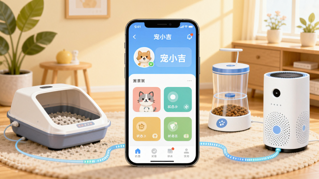 ��������չʾһ�������ֻ����ֻ���Ļ����ʾ�š���С����APP����ҳ���棬�������г���ͷ���豸��Ƭ��״̬ͼ�ꡣ�ֻ���Χ�������Զ�èɰ�衢����ιʳ���Ϳ��������������ܳ����豸���豸֮���õ���ɫ�����������ӡ���������ܰ�ľӼҿ�������������ֲ�����⡣������Ϊ���������ı�ƽ���廭��ϸ�ڷḻ�����������ɾ����޶���Ԫ�ء�