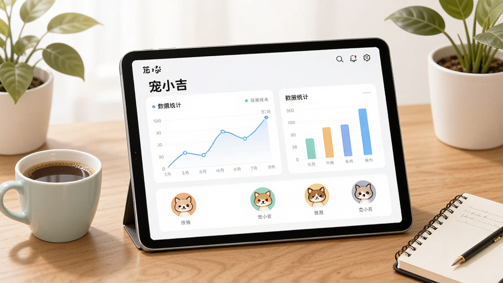 ����չʾһ��ƽ�������Ļ����Ļ����ʾ����С����APP������ͳ��ҳ�棬������ͼ����״ͼ�ͳ���ͷ��ͼ�ꡣ��Ļ�Ա߷���һ�����Ⱥ�һ���ʼǱ���������ľ�����棬����ֲ��׺�����Ϊ���¼�Լ�İ칫�����廭��ɫ����ͣ������������޶���Ԫ�ء�
