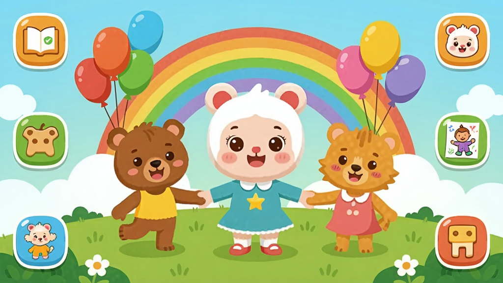 һ�ſ�ͨ���Ķ�ͯ�罻Ӧ�ý���չʾͼ�����������ǿɰ��Ŀ�ͨ��ɫ���������ļ���������������վ�ڲݵ��ϣ������вʺ�Ͳ�ɫ���򣬽������ֲܷ��Ź��¡���Ϸ��Ϳɫ�ȹ���ͼ�꣬����ɫ��������ů�����Ϊ��ƽ����ͨ�廭��ϸ�ڷḻ�����������ɾ����޶�������Ԫ��