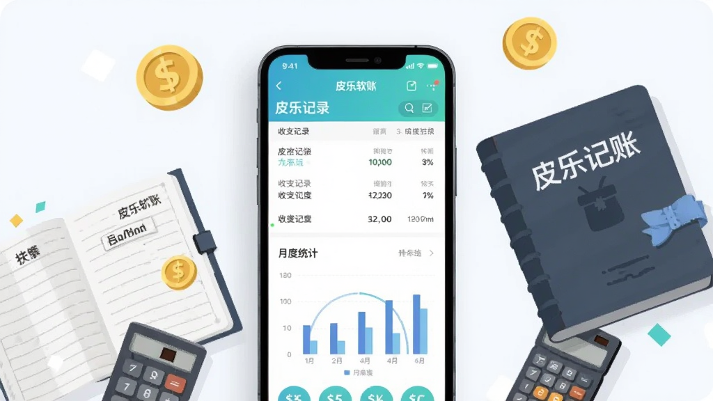 一张展示皮乐记账软件核心界面的宣传图,画面中央是手机屏幕,屏幕内显示皮乐记账的主界面,包含收支记录列表和月度统计图表,手机周围散布金币、账本、计算器等财务元素,布局采用居中构图,风格为现代扁平化插画,细节上账本封面印有