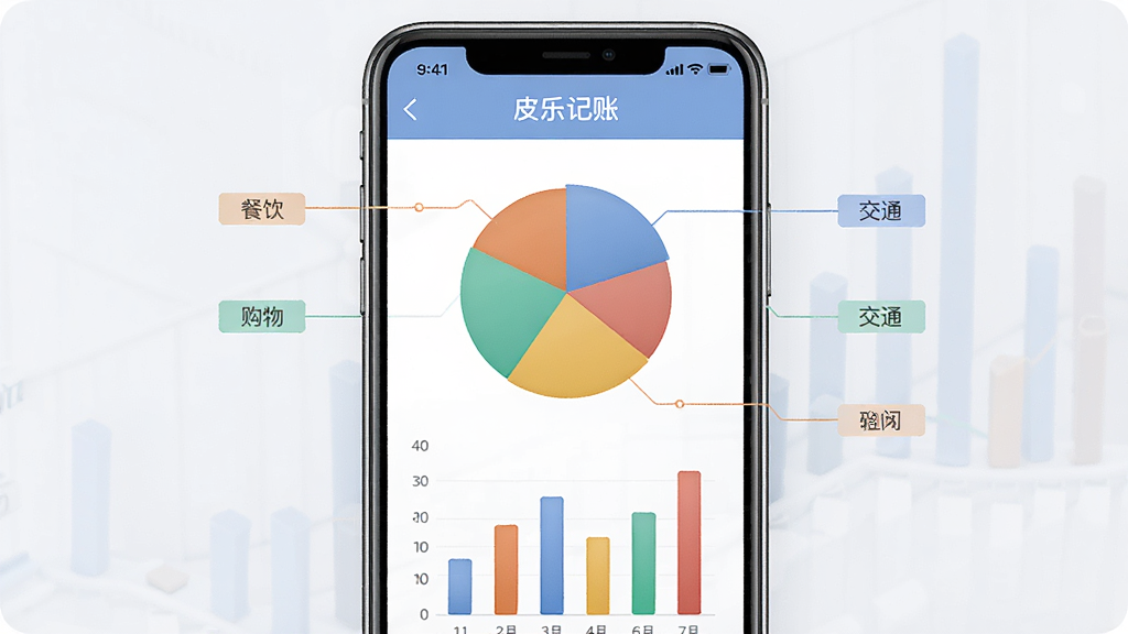 一张展示皮乐记账报表统计功能的示意图,画面中心是手机屏幕,屏幕上显示彩色饼图和柱状图,图表旁边标注餐饮、交通、购物等分类标签,布局为居中构图,风格为现代数据可视化插画,细节上屏幕顶部显示