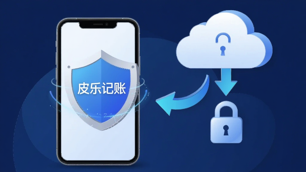 一张展示皮乐记账数据安全与备份功能的示意图,画面主体是一个带有盾牌图标的手机,手机旁边有云朵和锁形符号,云端箭头指向手机表示备份恢复,布局为左右对称构图,风格为安全科技感插画,细节上盾牌上印有