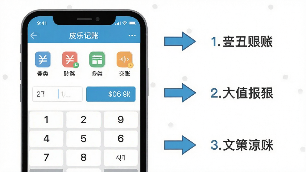 一张展示皮乐记账快速记账流程的示意图,画面主体是一部手机,屏幕上显示记账输入界面,包含数字键盘、分类图标和金额输入框,画面右侧用箭头标注三个步骤,布局简洁明了,风格为清爽扁平插画,细节上屏幕内显示