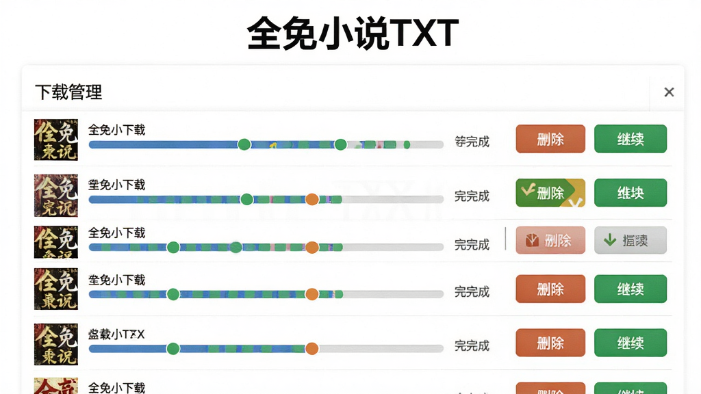 ȫ��С˵TXT�������ҳ�棬����չʾ���ع������棬�г��౾С˵�����ؽ������������״̬����ɾ���ͼ�����ť������Ϊ��ɫ���Ű�������������