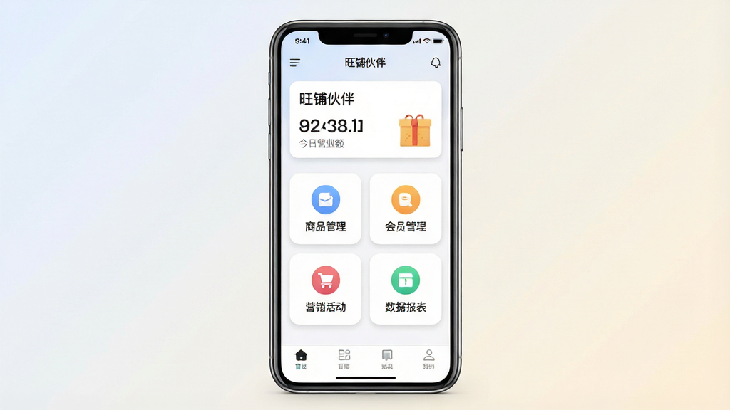 һ���ֻ�Ӧ�ý���չʾͼ������������һ�����������ֻ�����Ļ����ʾ�����̻�顱APP��ҳ����ҳ�����е������ƺͽ���Ӫҵ�Ƭ���в�����Ʒ��������Ա������Ӫ��������ݱ����ĸ��������ͼ�꣬�ײ�Ϊ������������Ϊǳɫ���䣬���岼������������ִ���࣬ϸ�ڰ���ͼ��Բ�ǡ���Ƭ��Ӱ���������壬���ʸ��壬�ɾ����޶���Ԫ��