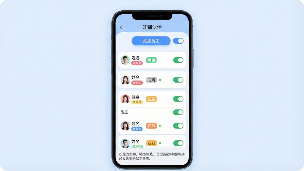 һ����������չʾͼ�����������ǡ����̻�顱APP���Ŷӹ������棬��Ļ����ʾԱ���б��ͽ�ɫȨ�޿��أ�ÿ��Ա����Ŀ������������ɫ��ǩ������״̬������������Ա����ť���ײ���Ȩ��˵�����֣�����Ϊǳ��ɫ������Ϊ��Ƭʽ�б���������Բ�ǣ�ϸ�ڰ�����ɫ��ɫ��ǩ������״̬���������ʸ��壬�ɾ����޶���Ԫ��