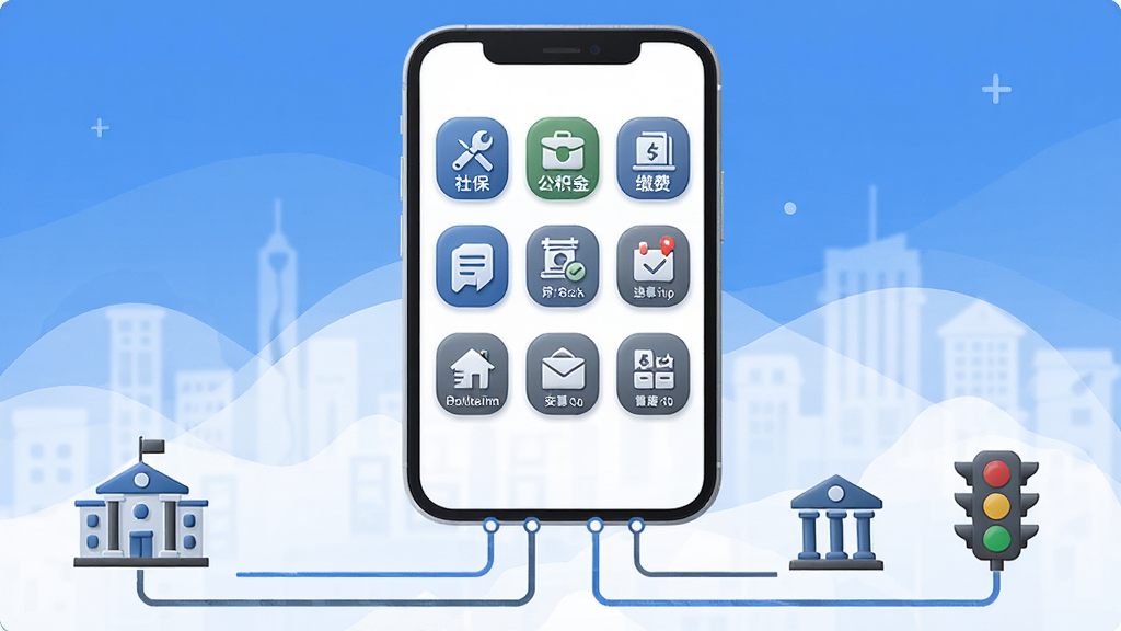 �������APP�������ҳ���ͼ���廭���������ֻ���Ļչʾ�籣�������𡢽ɷѡ�Υ�²�ѯ��ͼ������ÿ��ͼ��Բ���¡��ֻ��·�����������ߣ�ָ�����������¥�����С���ͨ�źŵƵļ�ͼ�ꡣ�����������࣬��ɫ�����׻�Ϊ�����Ű���жԳƣ����ʸ��壬�޶���װ�Ρ�