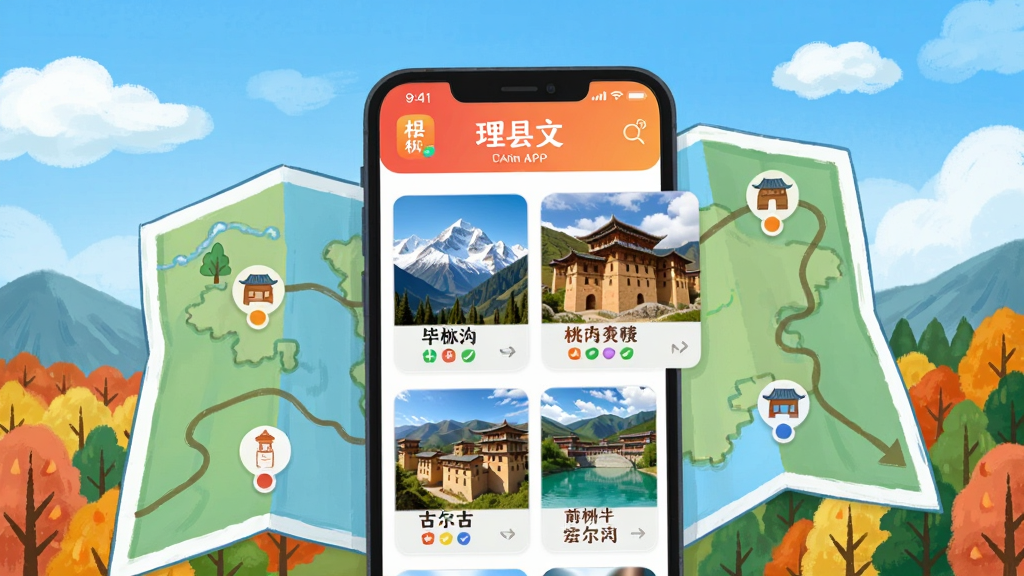 һ����������廭�����������Ƕ������APP������ҳ�棬չʾ���﹵ѩɽ����ƺǼկ��¥���Ŷ�����Ȫ�Ⱦ��㿨Ƭ���ֻ���Ļ����������ص�ͼ��������ͼ�ϱ�ע����λ�á�������������ƺͲ��֣�����ֻ����£��Ű�������£�ϸ�ڷḻ�����ʸ��壬�ɾ�������