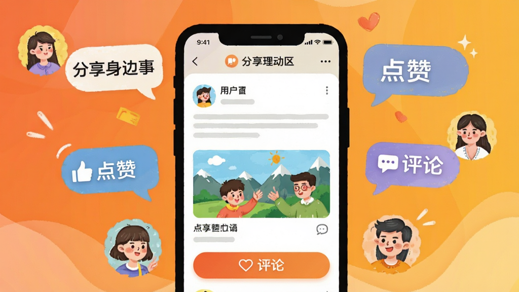 �������APP������������廭���ֻ���Ļ��ʾ�û���̬�б����������֡�ͼƬ�͵������۰�ť����Ļ��Χ�д����û��Ŀ�ͨͷ��ͶԻ����ݣ�������д�С����������¡������ޡ������ۡ�����������������ů�ĳ�ɫ�ͻ�ɫ���䣬���������У��Ű����ɣ������������޶���Ԫ�ء�