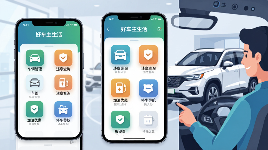 ��������չʾһ�������ֻ����ֻ���Ļ����ʾ���ó������APP�������棬�����������������Υ�²�ѯ�������Żݡ�ͣ�������ȹ���ͼ�꣬����Ϊ����������չ��������һ����ɫSUVͣ��һ�ԣ����岼�����������ַ������Ϊ�ֻ���д���м�ΪAPP����ϸ�ڷŴ��Ҳ�Ϊ����ʹ�ó��������Ϊ�ִ��Ƽ��б�ƽ�廭��ϸ�ڰ���ͼ����Ӱ�����潥�䡢�����߹⣬���ʸ���ɾ��޶���Ԫ��