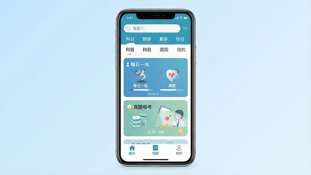 医学题库网软件主界面预览图,画面中央是一部智能手机,屏幕显示医学题库APP首页,页面顶部有搜索框和科目分类标签,中部展示每日一练和真题模考入口,底部为题库、错题、我的导航栏,背景是干净的浅蓝色渐变,整体布局简洁清晰,风格为现代扁平化UI设计,细节包括医学图标和进度条,画质高清,干净,无多余元素