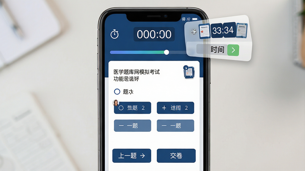 医学题库网模拟考试功能界面图,画面为手机屏幕显示模拟考试进行中页面,顶部有倒计时器和答题进度条,中部为单选题题干和四个选项按钮,底部有上一题下一题和交卷按钮,屏幕上方悬浮显示当前得分和剩余时间,布局为考试答题卡排版,风格为沉稳的深蓝商务风UI,细节包括计时图标、答题卡缩略图和题号标记,画质高清,干净,无多余元素
