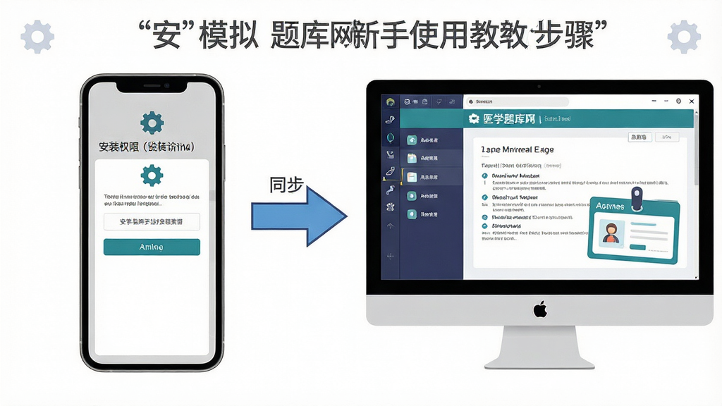 医学题库网新手使用教程步骤图,画面为一部手机和一台电脑并排展示,手机屏幕显示安装权限设置界面,电脑屏幕显示模拟器运行医学题库网答题页面,中间用箭头连接表示数据同步,布局为左右对比排版,风格为简洁教程风插画,细节包括设置齿轮图标、同步箭头和答题卡,画质高清,干净,无多余元素