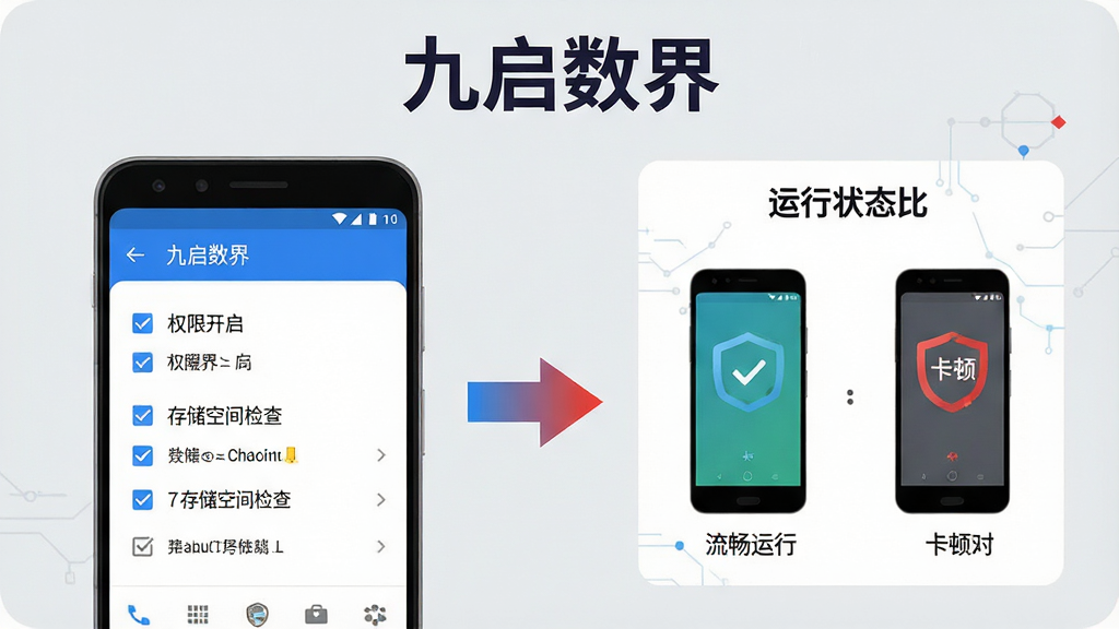 一幅展示“九启数界”安卓手机安装与运行注意事项的示意图,画面左侧为手机安装界面,右侧为运行状态面板,中间用箭头连接。手机界面显示权限开启与存储空间检查的勾选列表,右侧面板展示流畅运行与卡顿对比的简单图标。整体风格为信息图式,浅灰底色,蓝红两色标注重点,排版清晰,画质干净,顶部用深色字体标注“九启数界”。