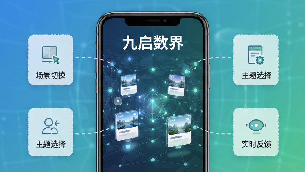 一张展示“九启数界”数字场景构建功能的界面概念图,画面中心是手机屏幕,屏幕内显示一个由多边形网格与发光节点构成的虚拟空间,空间中有代表不同场景的卡片式入口悬浮排列。手机周围以浅色虚线框标注出“场景切换”“主题选择”“实时反馈”等简单图形标识。布局采用左右对称的展示方式,风格为简约科技感,主色调为蓝绿渐变。细节上加入细微的网格纹理与柔光效果,画质干净清晰,屏幕上方用白色字体标注“九启数界”。