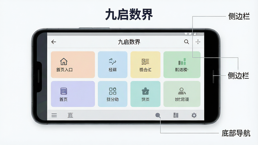 一幅展示“九启数界”模块化功能布局的界面示意图,画面主体为一部横向放置的安卓手机,屏幕内清晰划分出顶部导航区、中部功能卡片区与底部菜单栏。各区域用不同浅色底块区分,卡片上以简洁图标表示不同功能模块。手机旁边用细线引出标注“首页入口”“侧边栏”“底部导航”等文字。整体风格为清新浅色系,排版规整,画质干净,屏幕顶部居中位置以深色字体显示“九启数界”。