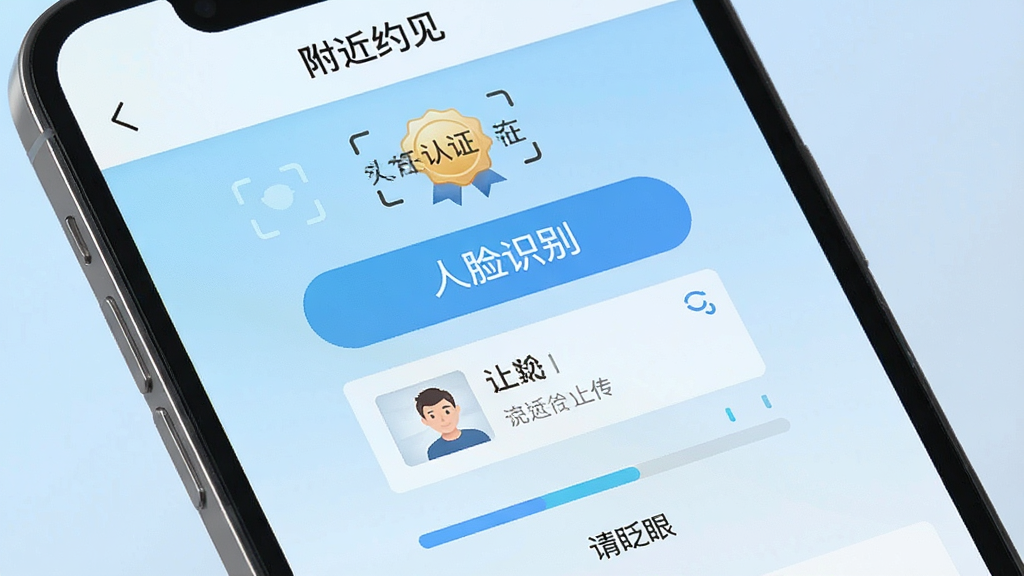 一张手机屏幕特写,显示“附近约见”实名认证页面,页面中央有“人脸识别”按钮和身份证上传框,背景为浅蓝色渐变,风格安全可靠,细节包括认证徽章图标、进度条、提示文字“请眨眼”,画质清晰,干净,无多余元素