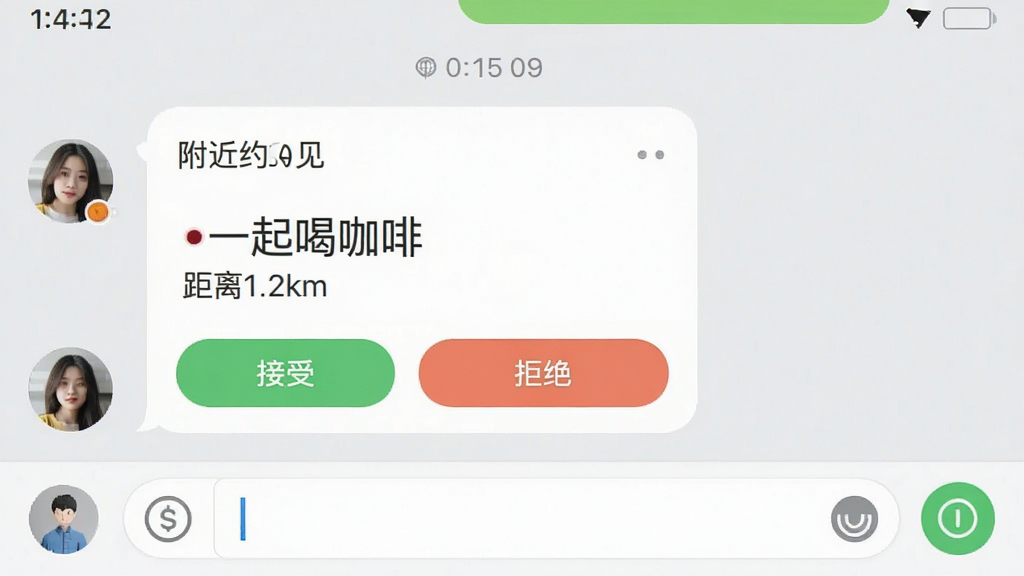 一张手机聊天界面截图,显示“附近约见”的邀约卡片,卡片上写有“一起喝咖啡”和“距离1.2km”,下方有接受和拒绝按钮,聊天背景为淡灰色,风格清新,细节包括时间戳、头像气泡、输入框,画质干净,无多余元素