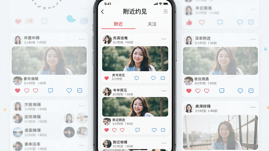 一张手机应用界面,显示“附近约见”动态广场页面,瀑布流布局展示多张用户发布的照片和文字,每张卡片下方有点赞评论图标,顶部有“附近”和“关注”标签,风格活泼,细节包括用户昵称、发布时间、图片缩略图,画质清晰,干净,无多余元素