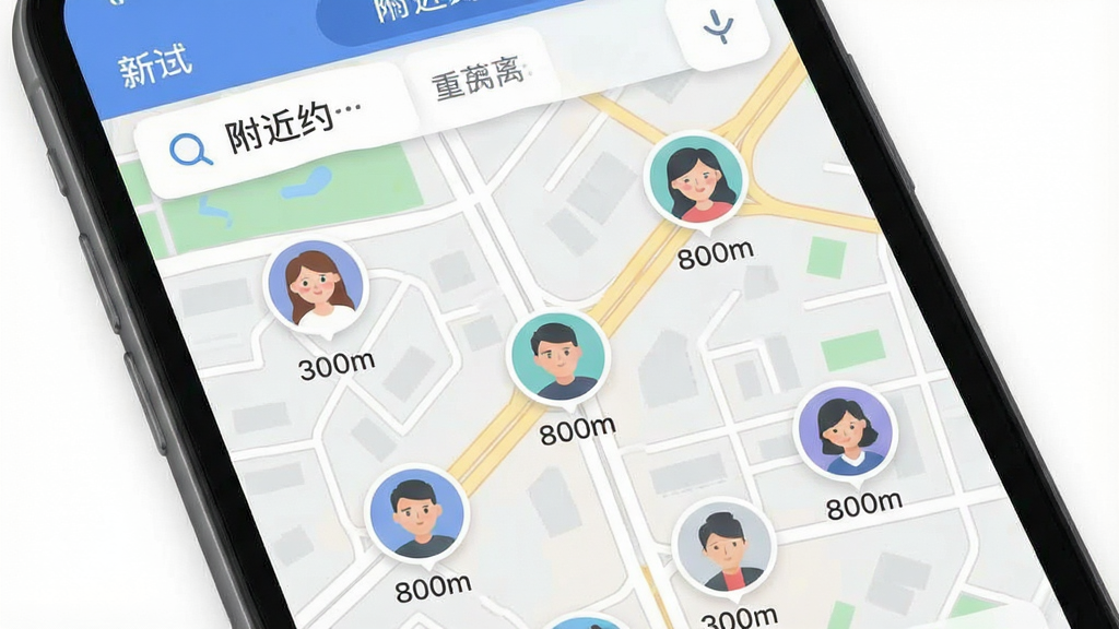 一张手机界面展示“附近约见”的地图模式,地图上散布多个用户头像图标,每个图标下方标注距离数字如“300m”“800m”,顶部有筛选按钮,风格为扁平化设计,细节包括地图道路线条、用户头像圆润、距离标签清晰,画质干净,无多余元素