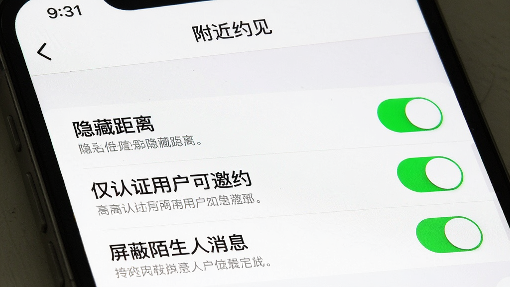 一张手机屏幕截图,显示“附近约见”的隐私设置页面,页面中有多个开关选项如“隐藏距离”“仅认证用户可邀约”“屏蔽陌生人消息”,背景为白色,风格简洁,细节包括开关按钮的绿色高亮、文字说明,画质清晰,干净,无多余元素