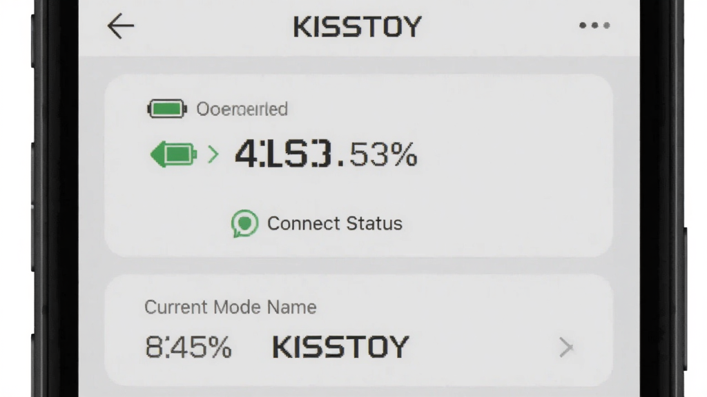 KISSTOY设备状态监控界面图,手机屏幕显示KISSTOY应用的状态面板,包含电量百分比、连接状态图标和当前模式名称,界面设计简洁,数据展示直观,背景为浅灰色,布局规整,画质清晰,干净无多余元素