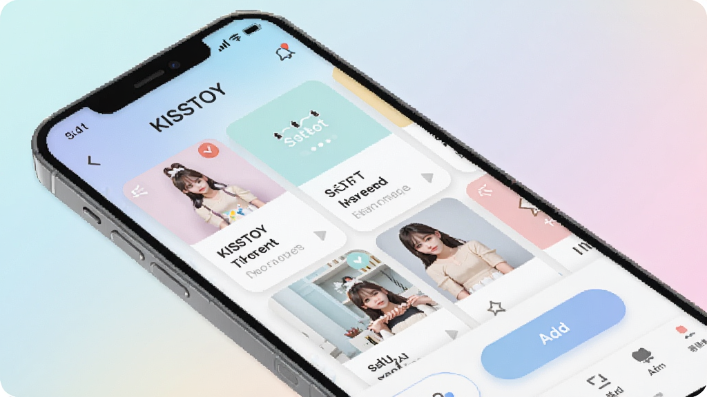 KISSTOY个性化场景定制界面图,手机屏幕展示KISSTOY应用的场景管理页面,包含多个预设卡片和添加按钮,界面风格清新,卡片式布局,背景为柔和渐变色,细节精致,画质清晰,干净无多余元素