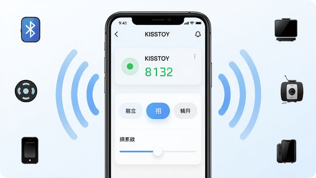 KISSTOY软件主界面预览图,画面中央展示一部智能手机,屏幕显示KISSTOY应用的操作界面,包含设备连接状态、模式选择按钮和强度调节滑块,背景为简洁的浅色渐变,周围环绕着蓝牙信号波纹和智能设备图标,整体风格现代科技感,排版居中对称,细节丰富,画质清晰,干净无多余元素