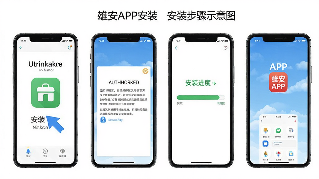 �۰�APP��װ����ʾ��ͼ������չʾ�ֻ������ص���װ��ɵ��ĸ����裬���������װ������Ȩҳ�桢��װ�������ʹ�APP���棬�����̷̳磬�����������޶���Ԫ��