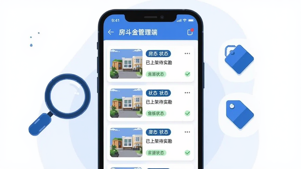 房斗金管理端房源管理界面,手机屏幕显示房源列表,每套房源带有状态标签如已上架待实勘等,屏幕旁边有放大镜和标签图标作为装饰。布局为居中构图,风格为扁平化插画风,色彩以蓝白为主,细节简洁明快,画质清晰,干净无多余元素