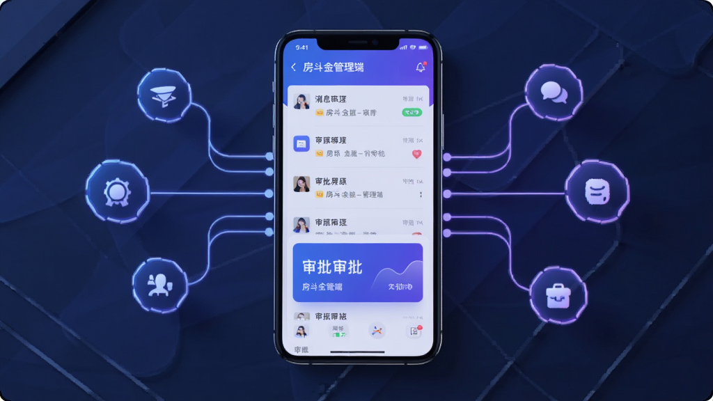 房斗金管理端消息协同界面,手机屏幕显示消息列表和审批卡片,屏幕周围有连接线和节点图标表示协同。布局为手机居中,风格为科技办公风,色彩以蓝紫为主,细节清晰,画质高清,干净无多余元素