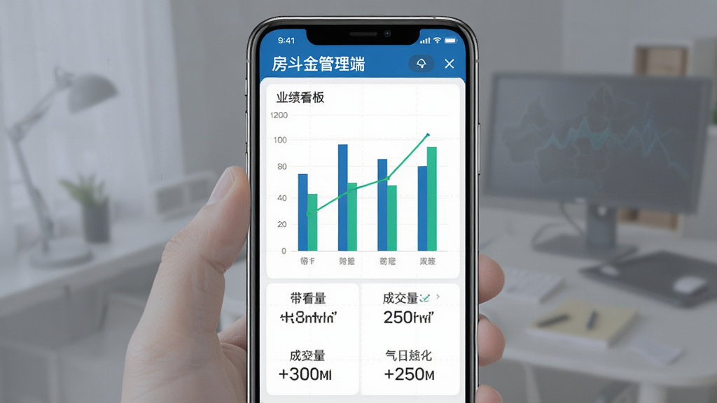 房斗金管理端业绩数据看板,手机屏幕显示柱状图和折线图,图表下方有数字指标如带看量成交量等。画面背景有淡淡的网格线,布局为手机居中,风格为商务数据风,色彩以蓝绿为主,细节清晰,画质高清,干净无多余元素