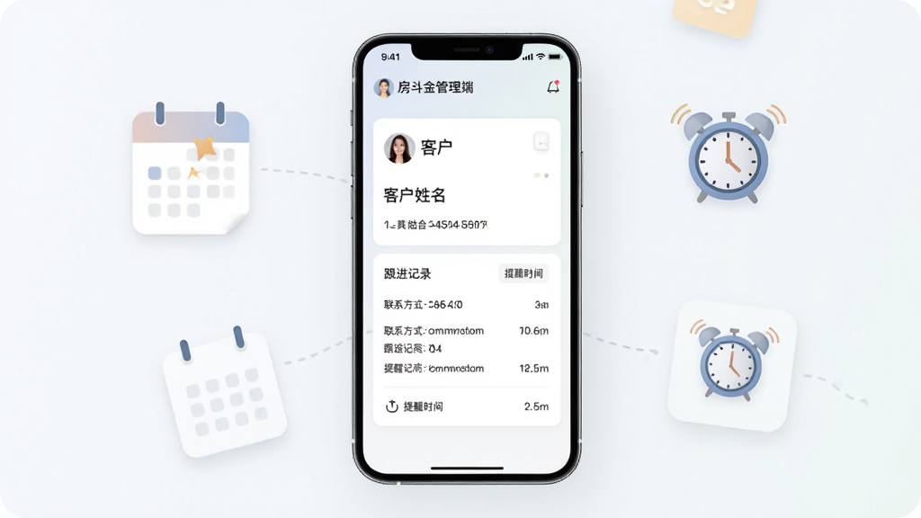 房斗金管理端客户跟进界面,手机屏幕显示客户档案卡片,卡片上有客户姓名、联系方式、跟进记录和提醒时间。画面中有日历和闹钟图标点缀。布局为手机居中,风格为现代简约风,色彩柔和,细节清晰,画质高清,干净无多余元素