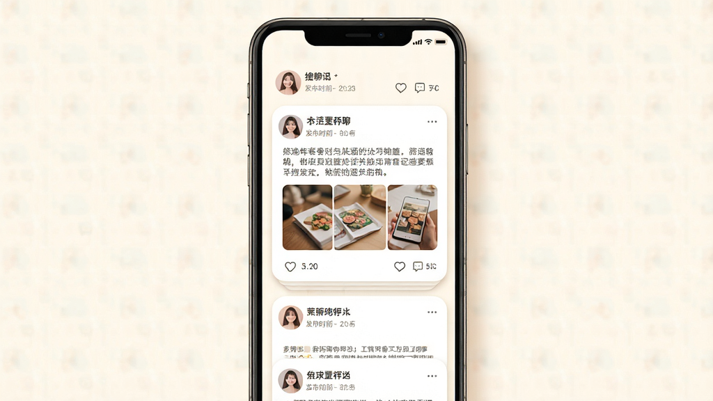 һ�ű������Ķ�̬�㳡����ʾ��ͼ������չʾ�ֻ���Ļ���ٲ���ʽ��̬��Ƭ��ÿ�ſ�Ƭ�����û�ͷ���ǳơ�����ʱ�䡢�������ݡ���ͼ����ͼ�Լ���������ͼ�ꡣ����Ϊ�ֻ��������У�����Ϊů��ɫ�������ܰ�罻�У�ϸ�ڰ�����ƬԲ�ǡ���Ӱ��Ρ�ͼ����ɫ��ͣ����ʸ���ɾ����޶���Ԫ�ء�
