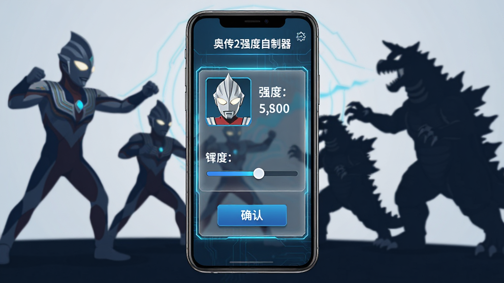 画面中央展示一部智能手机,屏幕上显示奥传2强度自制器的操作界面,界面中包含角色头像、强度数值滑块和确认按钮,背景是奥特曼与怪兽对战的剪影,整体采用科技蓝与银灰色调,布局简洁明了,风格为扁平化UI设计,细节包括发光边框和半透明面板,画质高清,干净,无多余元素
