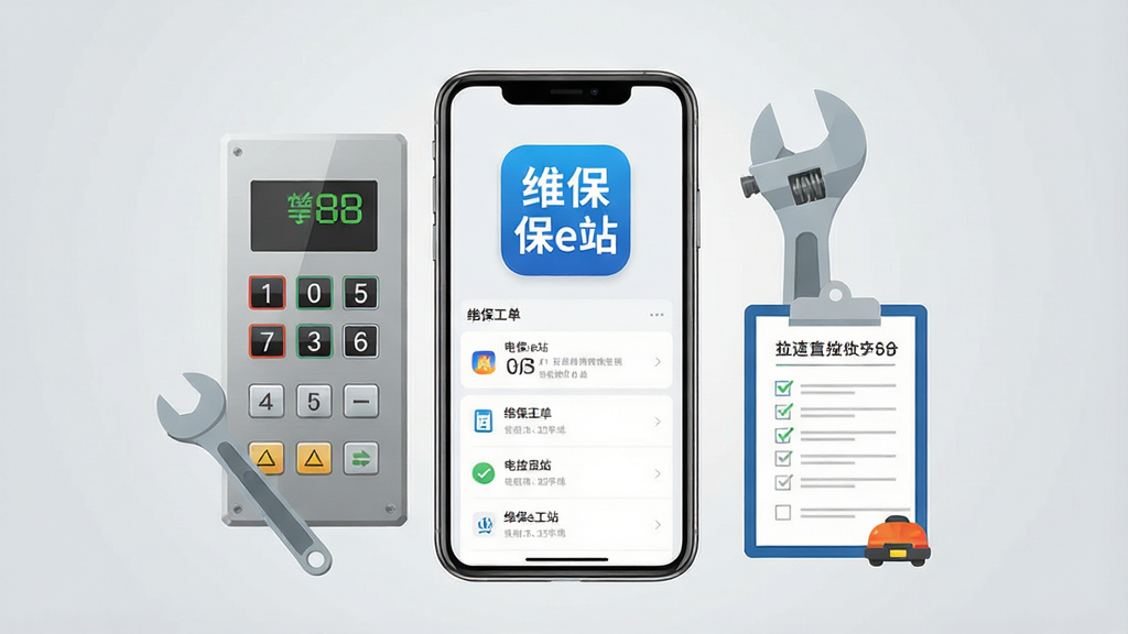 一张展示“维保e站”手机应用界面的场景图,画面中央是一部竖屏智能手机,手机屏幕上清晰显示“维保e站”四个字的蓝色应用图标和简洁的电梯维保工单列表界面,手机周围环绕着电梯按钮面板、扳手工具、安全检查表等维保相关元素,背景为浅灰色渐变,整体采用扁平化科技风格,布局居中对称,细节清晰锐利,画质干净,无多余元素