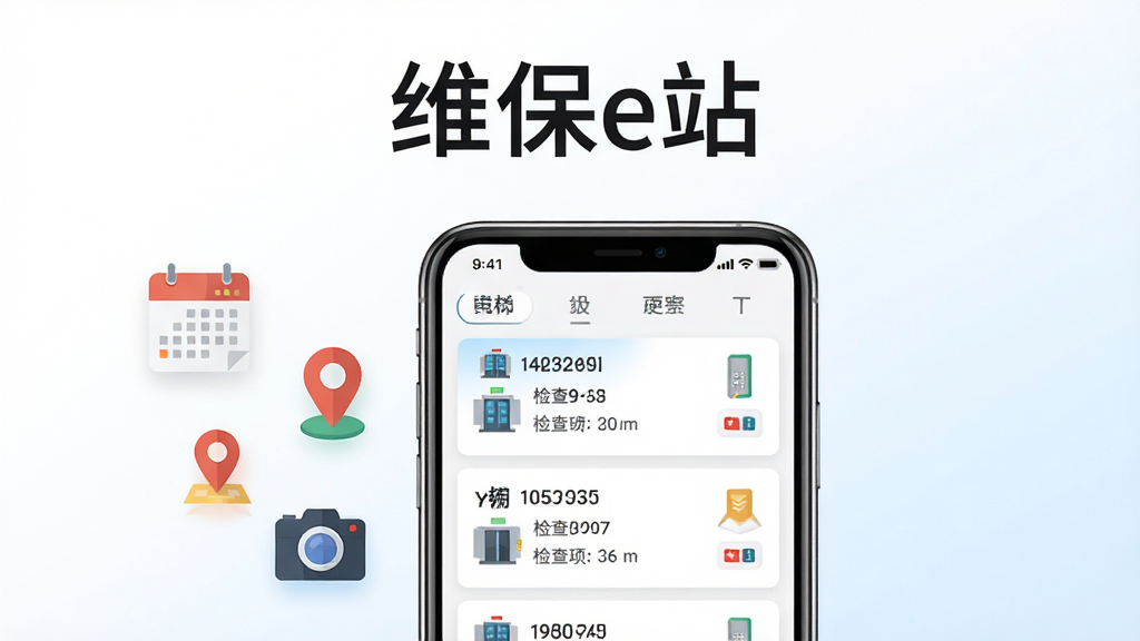 画面上方居中展示“维保e站”应用名称文字,下方为一部手机展示电梯维保工单列表界面,工单卡片按优先级排列,每张卡片上有电梯编号和检查项目图标,手机左侧飘浮着日历、定位标记、相机三个扁平图标,背景为干净的白色到浅蓝色渐变,整体风格简洁商务,布局上下结构,细节清晰,画质干净,无多余元素