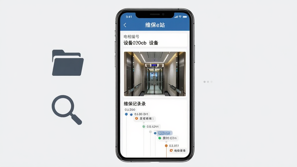 “维保e站”电梯档案查询界面,画面中央一部手机竖屏展示电梯档案详情页,页面上有电梯编号、设备照片、维保记录时间轴,手机左侧有一个文件夹图标和放大镜图标,背景为浅灰色,整体风格简约商务,布局居中,细节清晰,画质干净,无多余元素