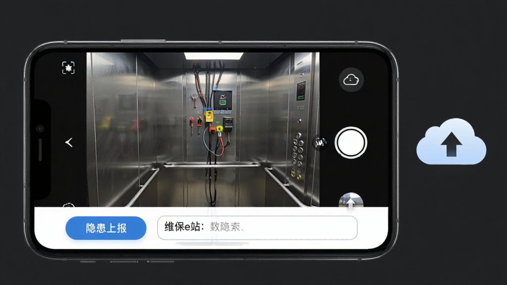 “维保e站”手机应用拍照上报界面,画面中央一部手机横屏展示相机取景框,取景框内是电梯机房设备照片,屏幕下方有“隐患上报”按钮和文字输入框,手机右侧有一个云朵图标和上传箭头,背景为深灰色,整体风格写实科技感,布局左右结构,细节清晰,画质干净,无多余元素