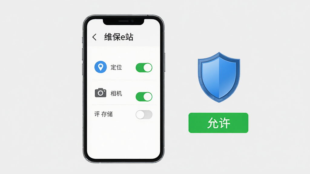“维保e站”安卓手机安装权限设置引导图,画面中央一部手机展示权限管理页面,页面上有定位、相机、存储三个权限开关图标,手机旁边有一个盾牌图标和“允许”绿色按钮,背景为浅灰色,整体风格简洁实用,布局居中,细节清晰,画质干净,无多余元素