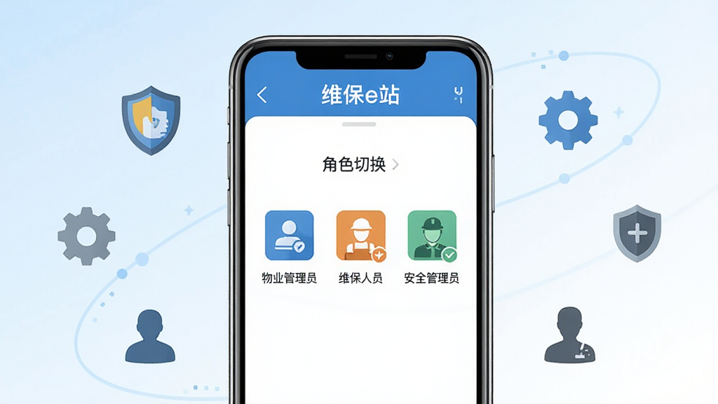 “维保e站”多角色协同管理界面,画面中央一部手机展示角色切换面板,面板上有“物业管理员”“维保人员”“安全管理员”三个角色图标,手机周围环绕着盾牌、齿轮、人物剪影等扁平图标,背景为浅蓝色到白色的渐变,整体风格简洁科技感,布局居中,细节清晰,画质干净,无多余元素