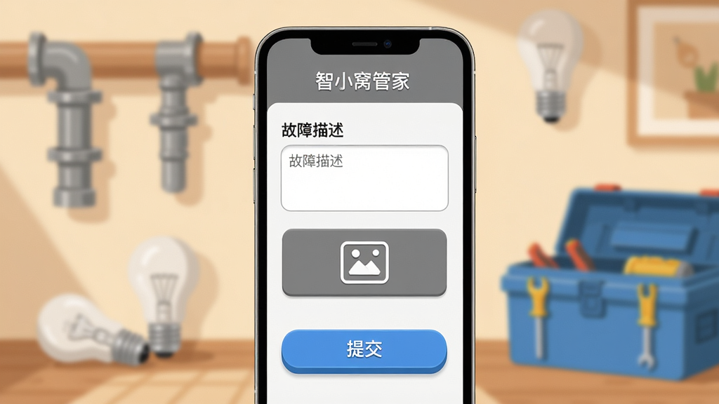 ����չʾ����С�ѹܼҡ����޹��ܽ��棬�ֻ���Ļ����ʾ���ޱ������������������������Ƭ�ϴ���ť���ύ��ť������Ϊ��ܰ�ľӼһ�������ˮ�ܡ����ݺ͹������Ԫ�ء�����Ϊ�ֻ����У�����Ԫ���黯���������Ϊдʵ���ƽ��ϣ�ɫ��ů������ɫ���䡣ϸ�����ֻ�����������������ť������С����ʸ��壬�ɾ����޶���Ԫ��