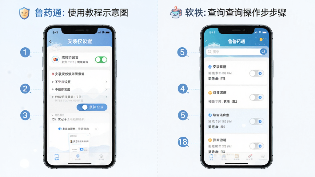 鲁药通使用教程示意图,主体为手机屏幕展示安装权限设置界面与软件查询操作步骤,布局为左右分栏对比,排版采用步骤序号标注,风格为简洁教程风格,细节包含权限开关图标、搜索框、结果列表,画质清晰,干净,无多余元素